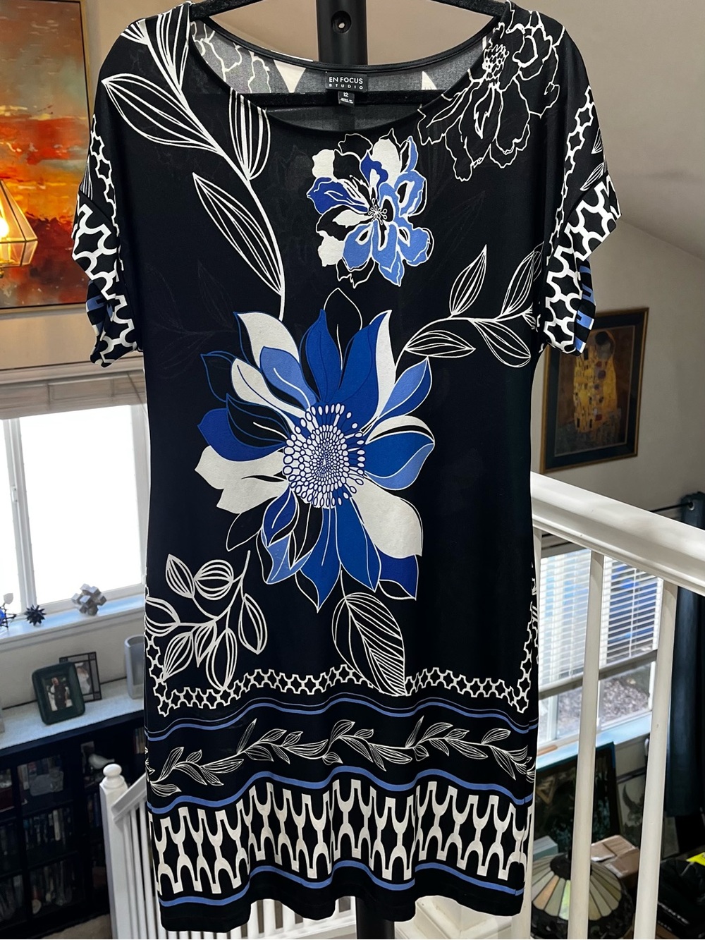 Enfocus Studio Black Dress Vibrant Blue & White Floral Pattern Size 12